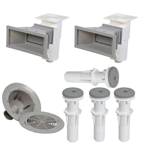 BWT EInbauteile -  2 Skimmer + 4 Einlaufdüsen + 1 Bodenablauf in Farbe Hellgrau