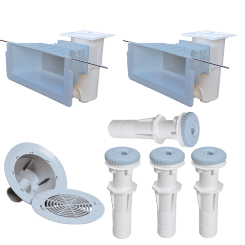 BWT EInbauteile - 2 High Level Skimmer + 4 Einlaufdüsen + 1 Bodenablauf in Farbe Hellblau